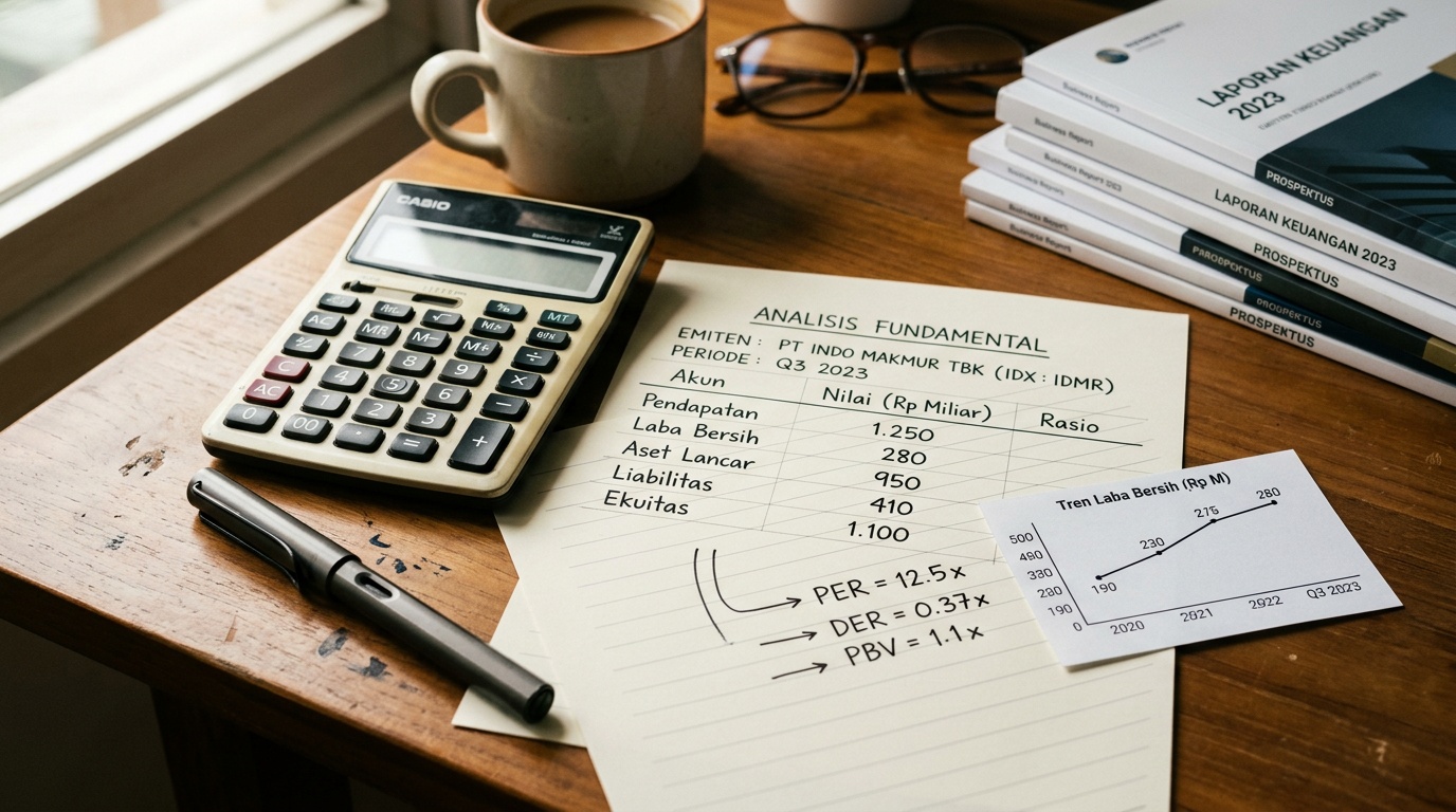 Kalkulator keuangan dan grafik di atas laporan keuangan emiten IDX sebagai ilustrasi analisis fundamental saham