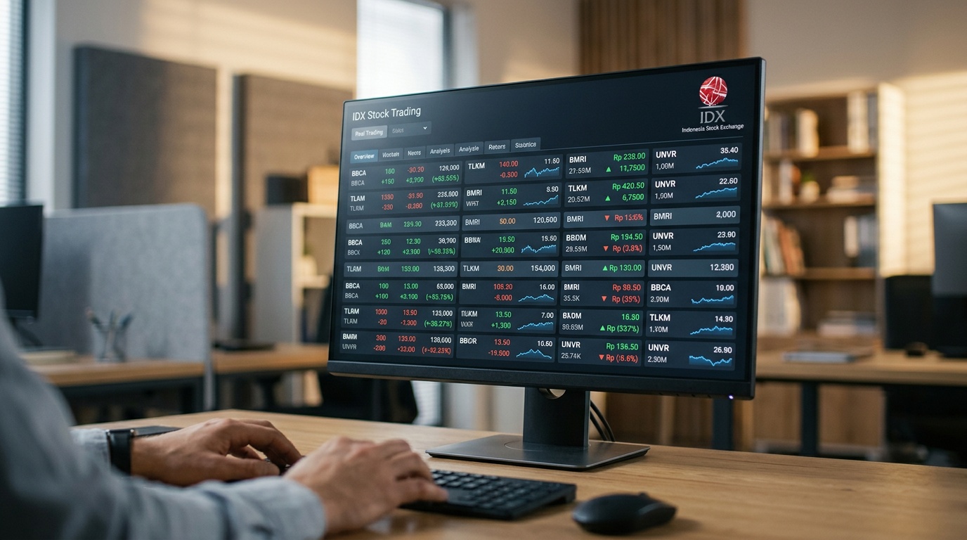 Layar monitor menampilkan papan perdagangan IDX dengan data harga saham dan volume hari ini