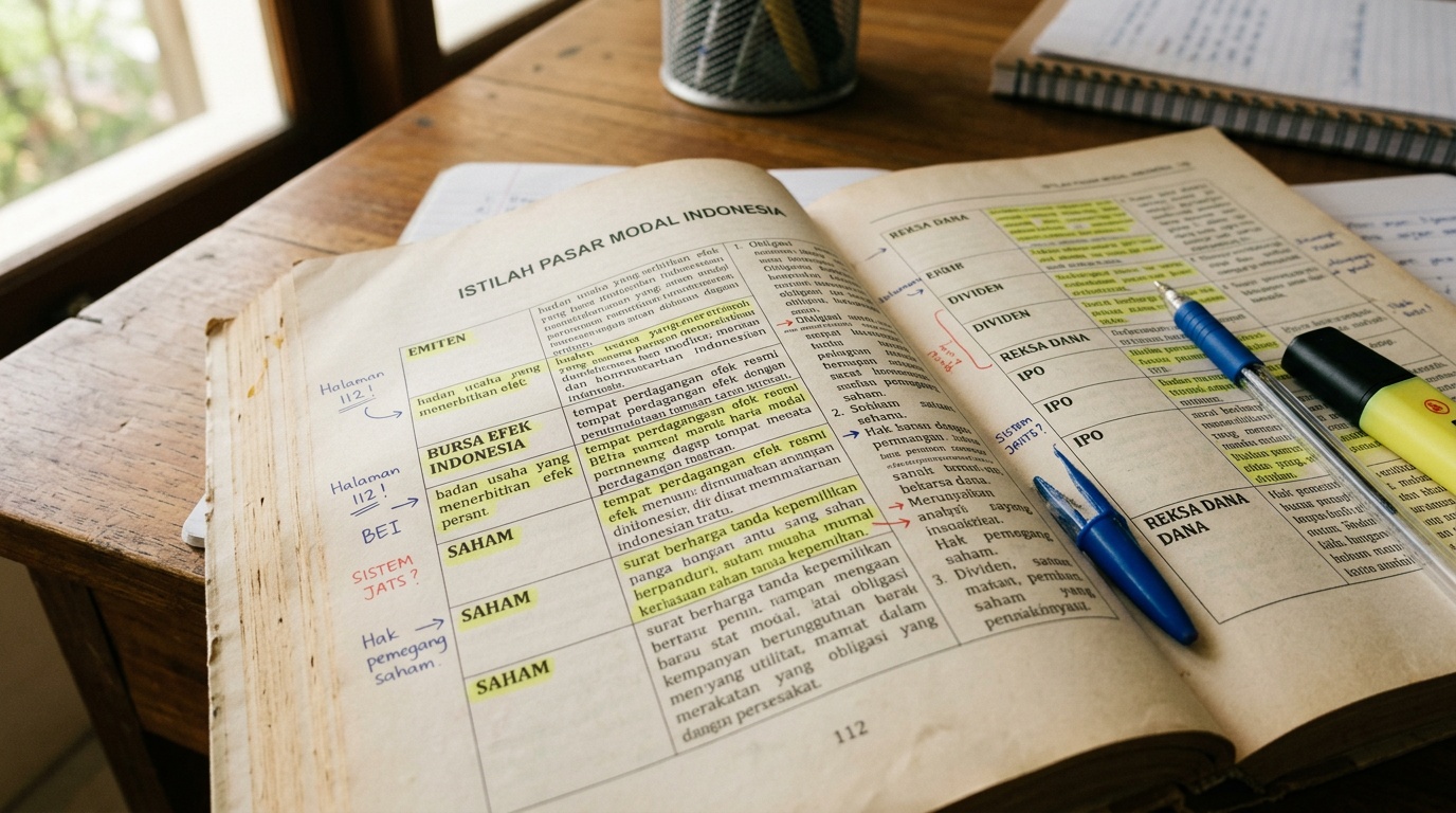 Buku teks keuangan terbuka dengan catatan istilah pasar modal