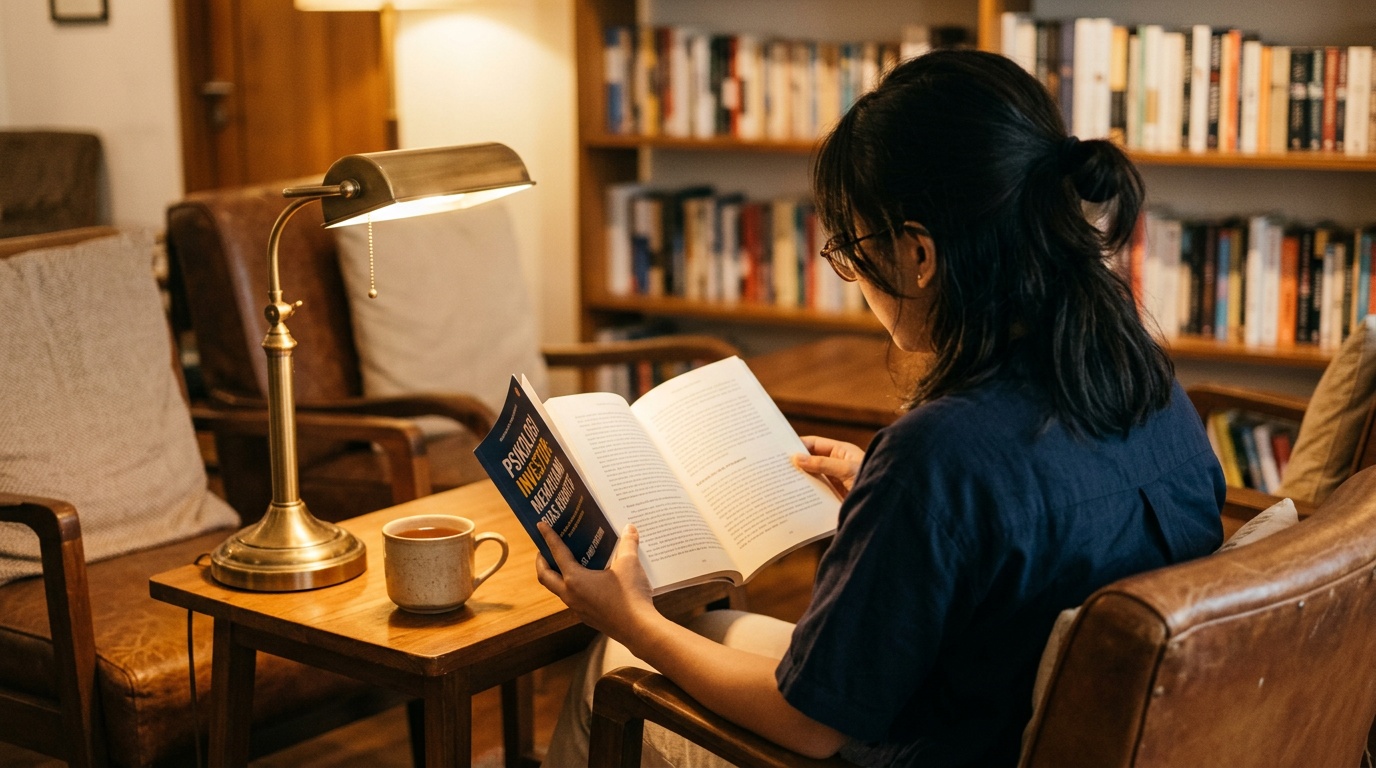 Seseorang membaca buku tentang keuangan perilaku