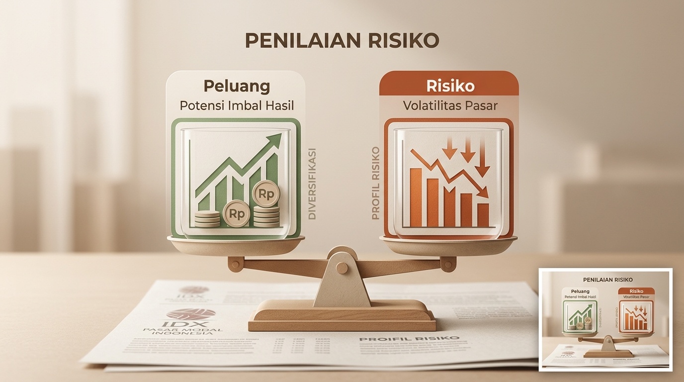 Ilustrasi timbangan simbol keseimbangan risiko dan potensi dalam edukasi investasi saham