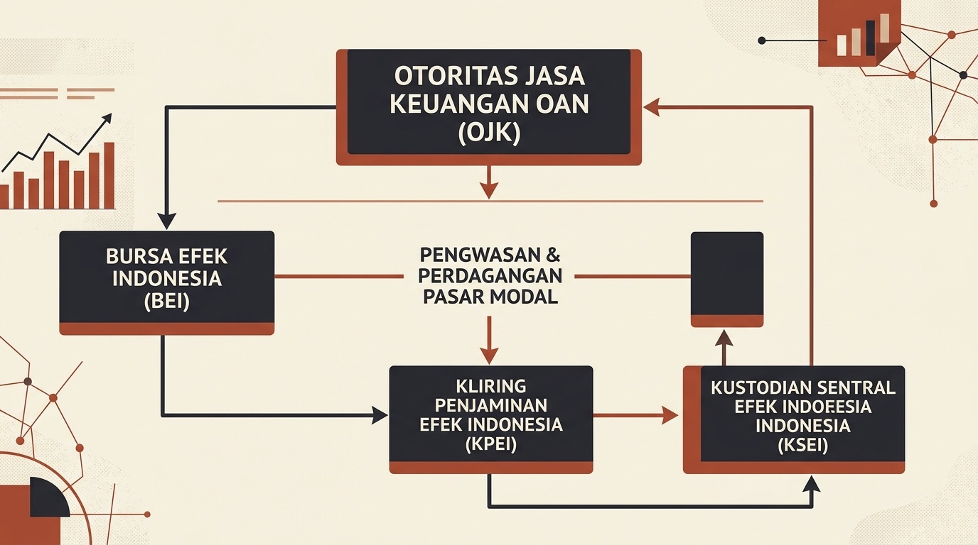 Diagram skematis struktur pasar modal Indonesia menunjukkan OJK, BEI, dan lembaga terkait